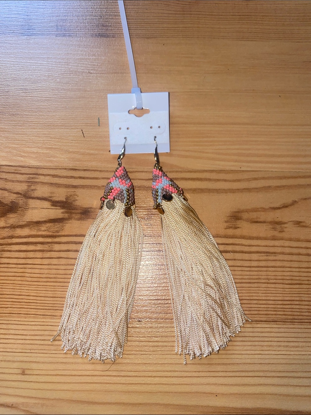 Beige and Coral Tassel Drop Earrings with Gold Accents
